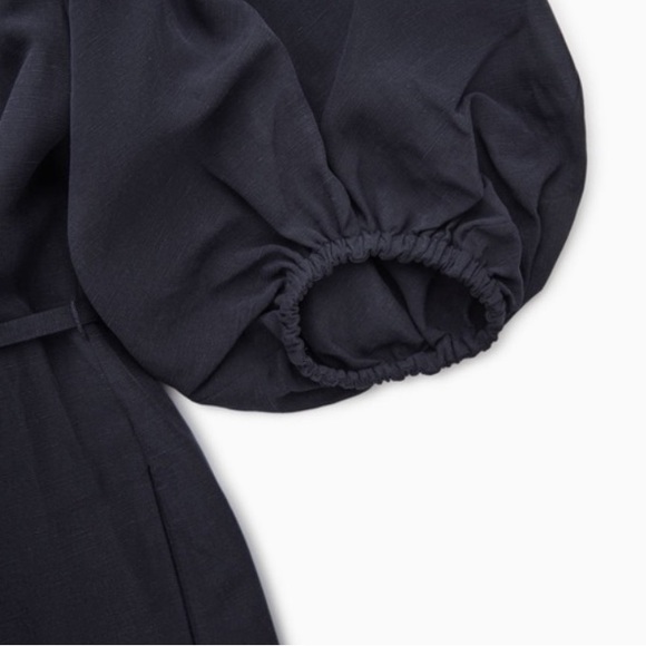 cos linen blend puff sleeve dress navy - Picture 3 of 4